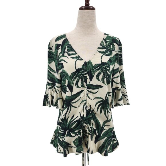 NEW H&M Womens 4 Top Tropical Leaf Ivory Green Bell Sleeve V-Neck Boho Party - Picture 10 of 10